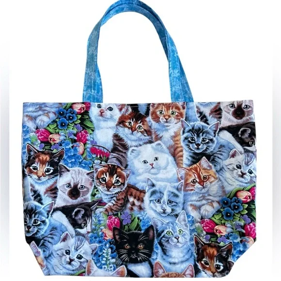 Hand Crafted Multicolor Cat Print Tote Bag All Purpose Carry All Shoulder Purse - Picture 7 of 7